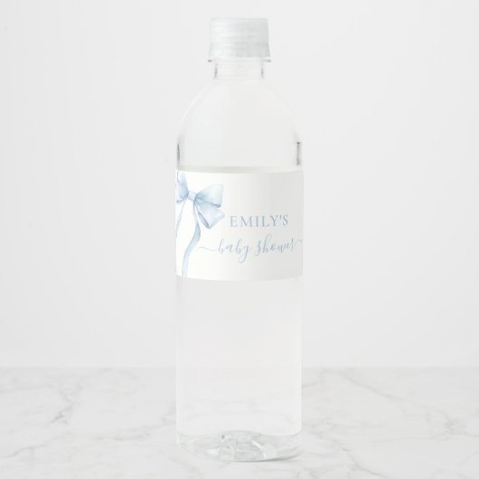 Elegant Blue Coquette Bow Boy Baby Shower Wasserflaschenetikett (Vorderseite)
