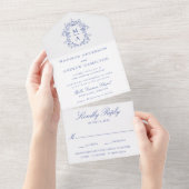 Elegant Blue Crest Chinoiserie Monogram Wedding All In One Einladung (Abreißtisch)