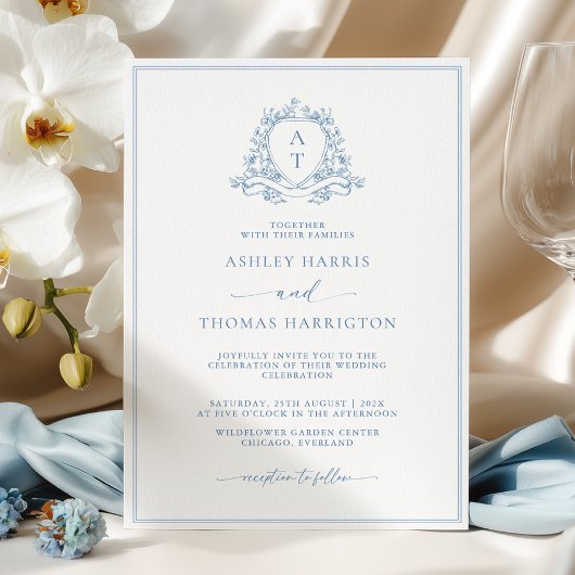 Elegant Blue Crest Monogram Wedding Invitation Einladung