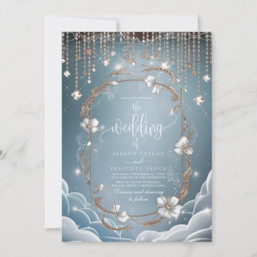 Elegant Blue Crystal Drops Wedding Einladung (Vorderseite)