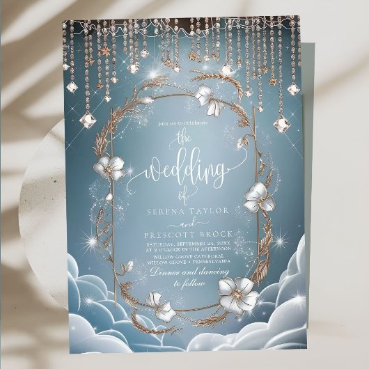 Elegant Blue Crystal Drops Wedding Einladung