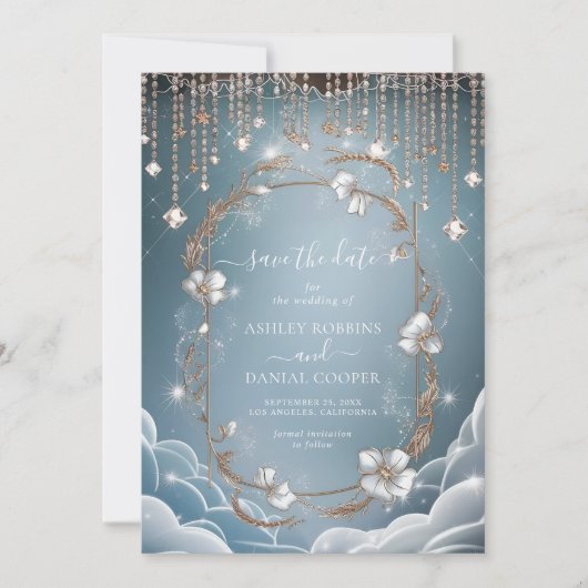 Elegant Blue Crystal DropsSpeichern Sie das Datum Einladung (Vorderseite)