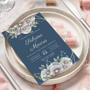 Elegant Blue Daisy Floral Geometric Wedding Einladung