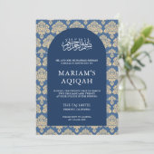 Elegant Blue Damask Arabian Arch Aqiqah Einladung (Stehend Vorderseite)