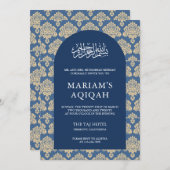 Elegant Blue Damask Arabian Arch Aqiqah Einladung (Vorne/Hinten)