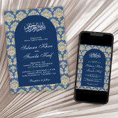 Elegant Blue Damask Arabian Arch Islamic Wedding Einladung