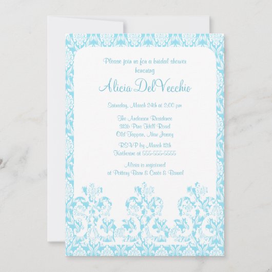 Elegant Blue Damask Bridal Dusche Einladung (Vorderseite)
