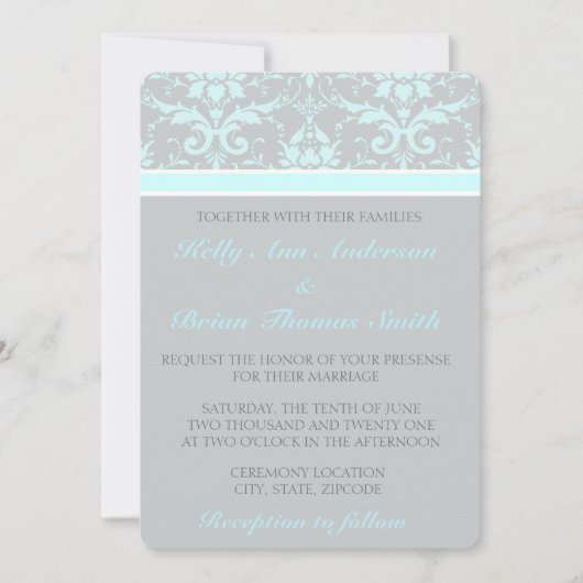 Elegant Blue Damask Hochzeiten Einladung (Vorderseite)