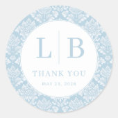 Elegant Blue Damask Initials Runder Aufkleber (Vorderseite)