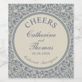 Elegant Blue Damask Wedding Cheers Weinetikett (Einzelnes Label)