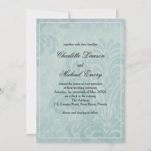 Elegant Blue Damask Wedding Einladung (Vorderseite)