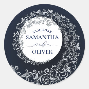Elegant Blue Damask Wedding Runder Aufkleber