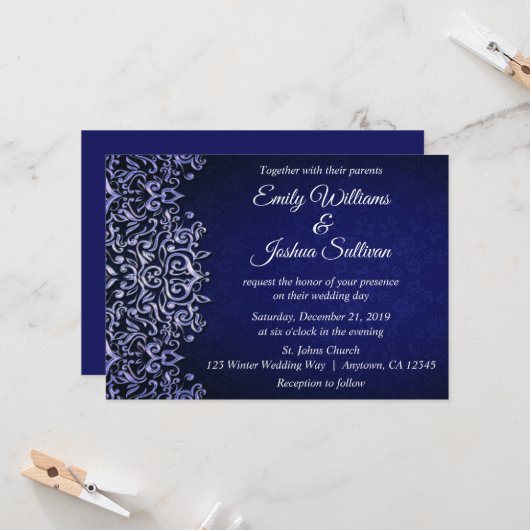 Elegant Blue Damask Winter Wedding Einladung (Vorderseite/Rückseite Beispiel)