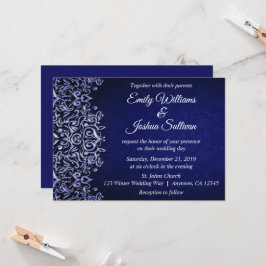 Elegant Blue Damask Winter Wedding Einladung