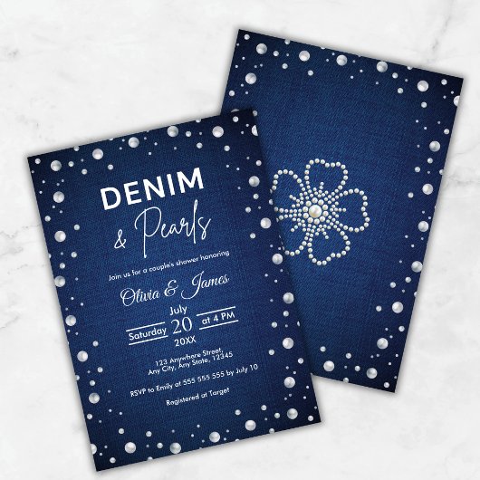 Elegant Blue Denim and Pearls Couple's Shower Einladung