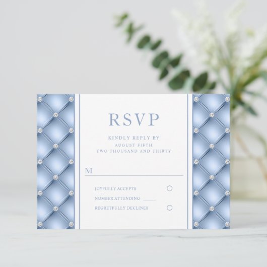 Elegant Blue Diamond Tufted Wedding RSVP (Stehend Vorderseite)