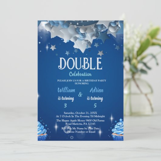 Elegant Blue Double Celebration Birthday Einladung (Stehend Vorderseite)