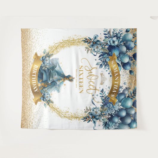 Elegant Blue Dress Gold Glitzer Sweet 16 Banner Wandteppich (Vorderseite (Horizontal))