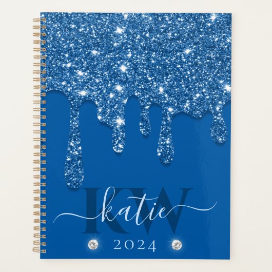 Elegant Blue Dripping Glitzer Monogram Planer (Vorderseite)