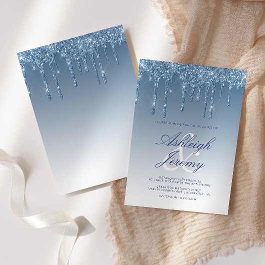 Elegant Blue Dripping Glitzer Script Wedding Einladung