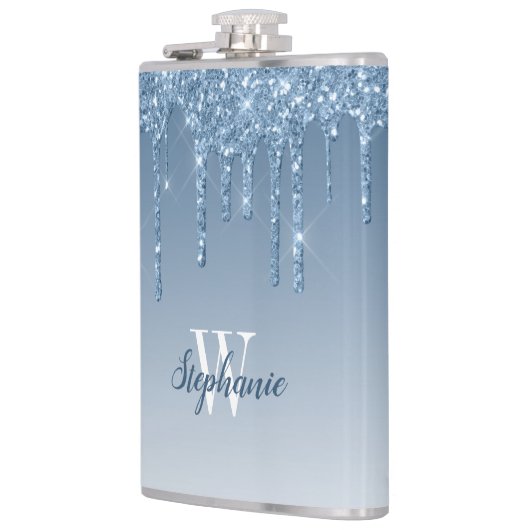 Elegant Blue Dripping Imitats Glitzer Monogram Flachmann (Links)
