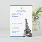 Elegant Blue Eiffel Tower Bat Mitzvah Einladung (Stehend Vorderseite)