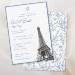 Elegant Blue Eiffel Tower Bat Mitzvah Einladung<br><div class="desc">Diese eleganten Blue Eiffel Tower Bat Mitzvah Einladungen beinhalten die Möglichkeit,  alle Titel und Text vollständig anzupassen. Die Vorderseite ist mit blauen Texten mit einem Eiffelturm-Foto versehen,  die Rückseite mit einem farbenfrohen französischen Blumenmuster. Geben Sie das Zazzle Design Tool für zusätzliche Designanpassungen ein.</div>