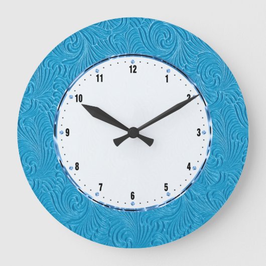 Elegant Blue Embossed Floral Damasks Große Wanduhr (Vorderseite)