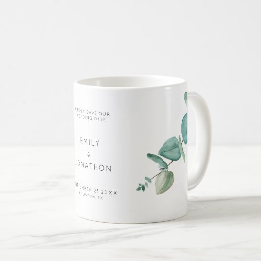 Elegant Blue Eucalyptus Blätter Save the Date Coff Kaffeetasse (VorderseiteRechts)