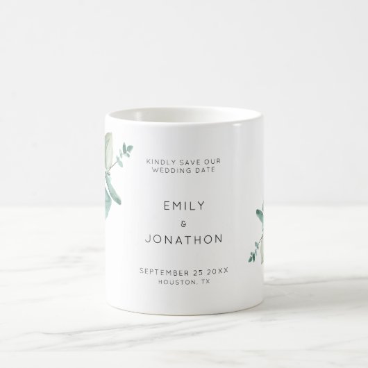 Elegant Blue Eucalyptus Blätter Save the Date Coff Kaffeetasse (Mittel)