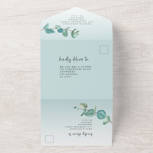 Elegant Blue Eucalyptus Branch Script Wedding All In One Einladung (Außenbereich)
