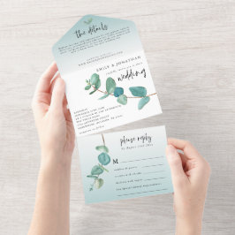 Elegant Blue Eucalyptus Branch Script Wedding All In One Einladung