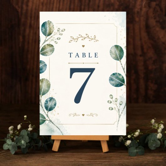 Elegant Blue Eucalyptus Watercolor Tischnummer