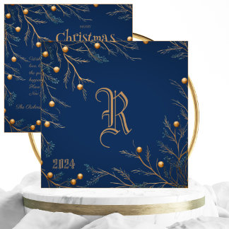 Elegant Blue Family Monogram Weihnachtskarte Feiertagskarte