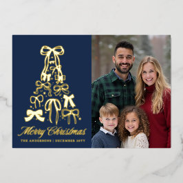 Elegant Blue Family Photo Bows Christmas Folien Feiertagskarte