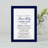 Elegant Blue First Holy Communion Cross Silver Folieneinladung (Stehend vorne)