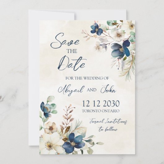 Elegant Blue Flora Winter Save the Date Card (Vorderseite)