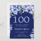 Elegant Blue Floral 100. Geburtstag Einladung (Vorderseite)