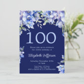 Elegant Blue Floral 100. Geburtstag Einladung (Stehend Vorderseite)