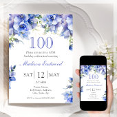 Elegant Blue Floral 100. Geburtstag Einladung