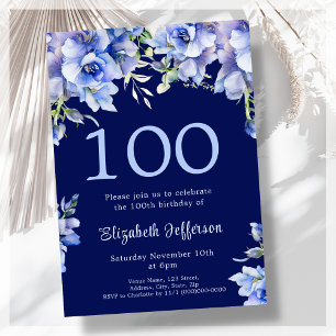 Elegant Blue Floral 100. Geburtstag Einladung