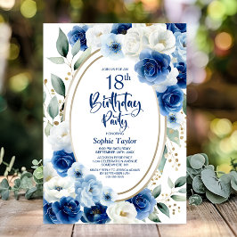Elegant Blue Floral 18. Geburtstagsparty Einladung