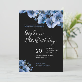 Elegant Blue Floral 27th Birthday Party Invitation Einladung