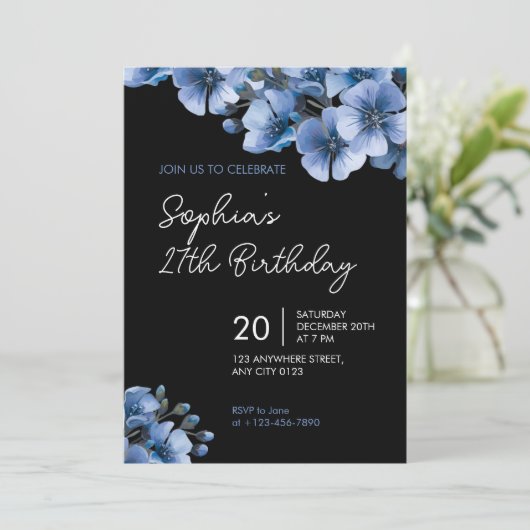 Elegant Blue Floral 27th Birthday Party Invitation Einladung (Stehend Vorderseite)