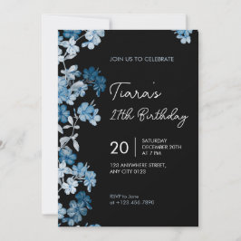 Elegant Blue Floral 27th Birthday Party Invitation Einladung