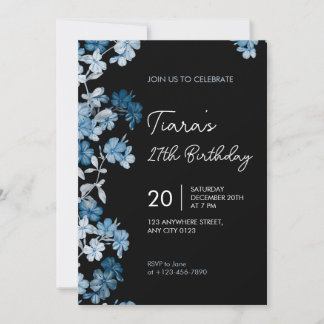 Elegant Blue Floral 27th Birthday Party Invitation Einladung