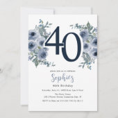 Elegant Blue Floral 40. Geburtstag Einladung (Vorderseite)
