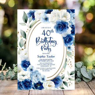 Elegant Blue Floral 40. Geburtstag Party Einladung