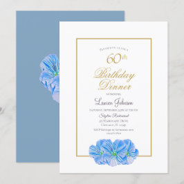 Elegant Blue Floral 60. Geburtstag Abendessen Einladung