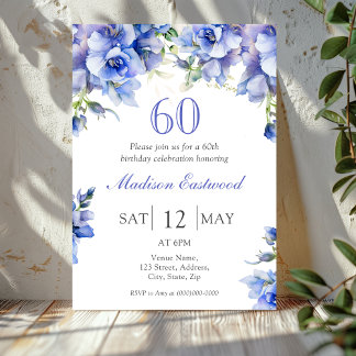 Elegant Blue Floral 60. Geburtstag Einladung